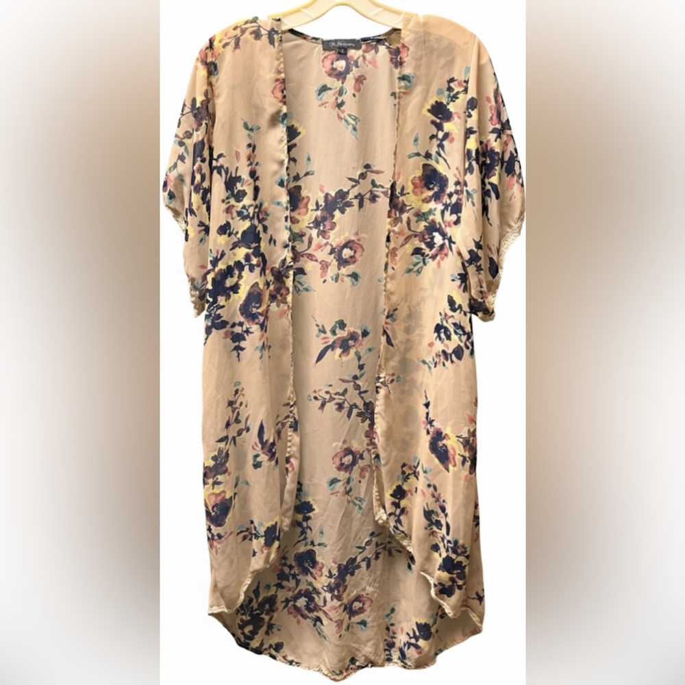 Chic Happens Sheer Boho Floral Kimono Duster Lace Trim S